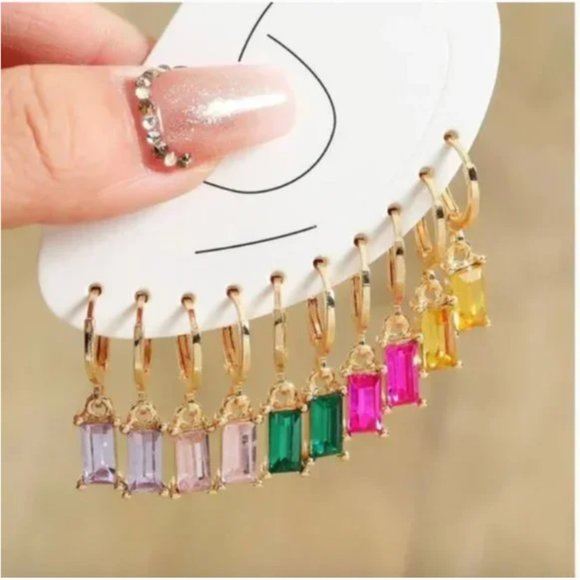 ⭐️❤️FREE Rhinestone Baguette Hoop Set Hipster Hippie Art Chic Glam Mini Earrings - Picture 4 of 8